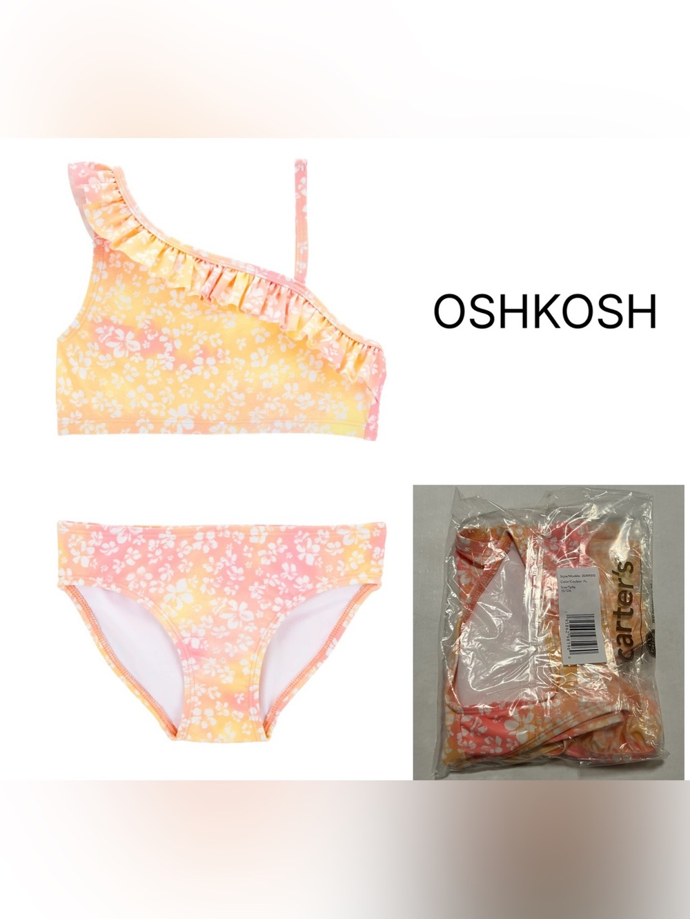 OSHKOSH - 12 - NWT - GIRLS - 2PC UPF 50+ FLORAL TIE-DYE RUFFLE BIKINI SWIMSUIT
